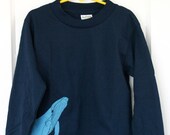 Light blue whale screen printed on navy long-sleeved cotton shirt, kid's sizes 4-7, children's gift