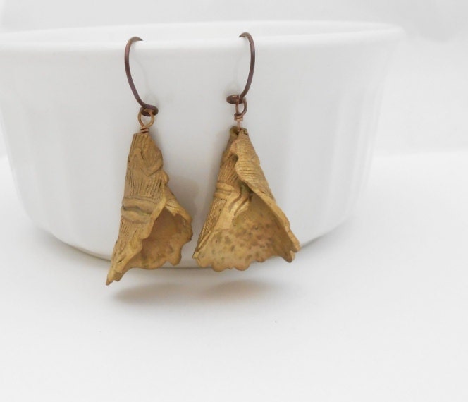 Metal Clay Earrings, Bronze Pasta Earrings, Ruffled Cone, Niobium