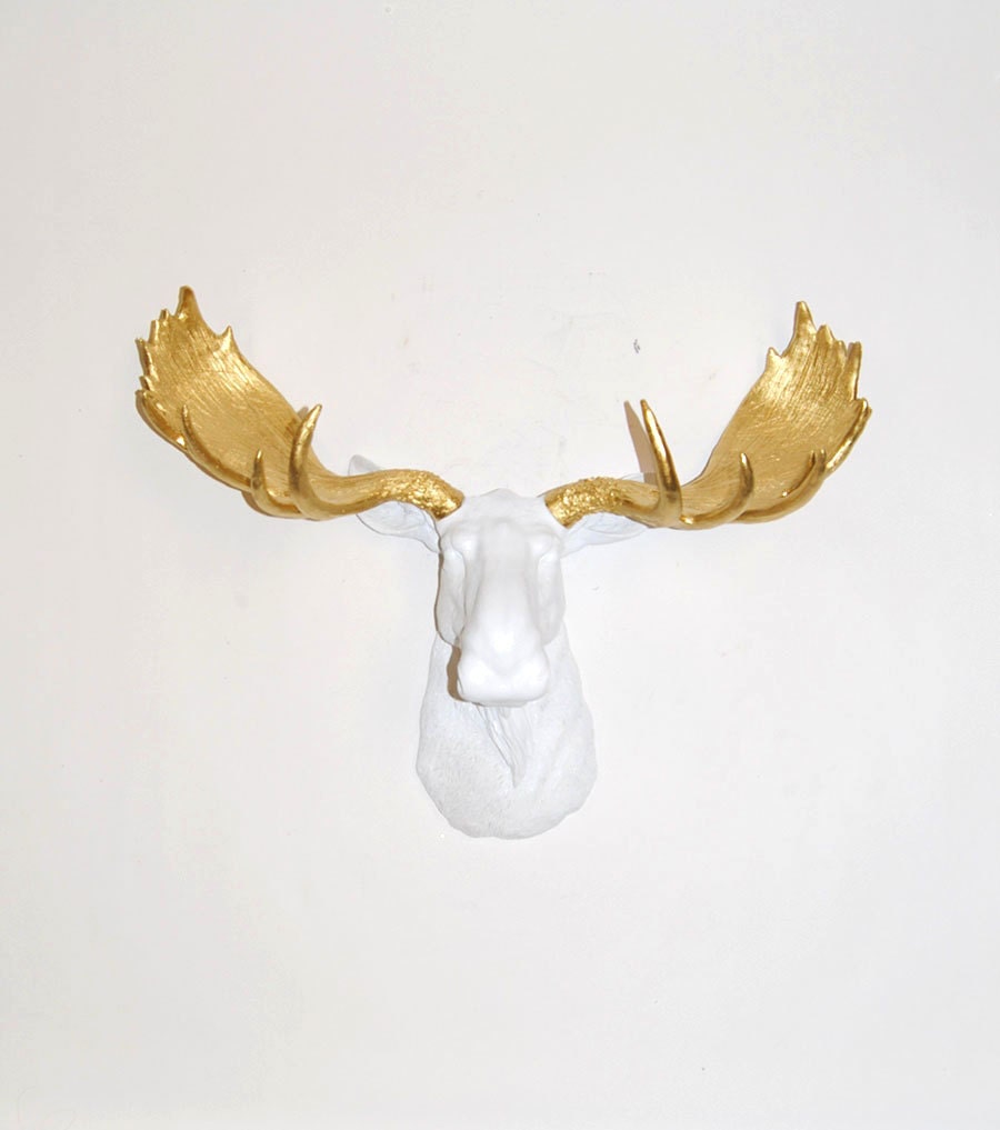 Faux Taxidermy - The Glitz - Resin Moose Head W/ Gold Antlers - Faux Taxidermy