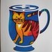 Coffee Cup Card - Cat Fabric - ONE CARD -  6" x 4" with envelope. Blank Note Card.