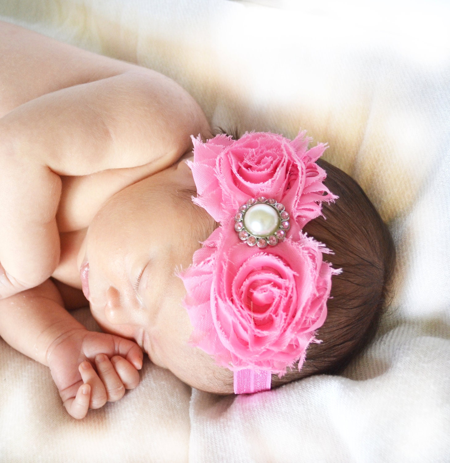 Pink Shabby chic Headband with large Pearl Rhinestone, Newborn headband, Baby girl headband, Toddler headband, Newborn photo.