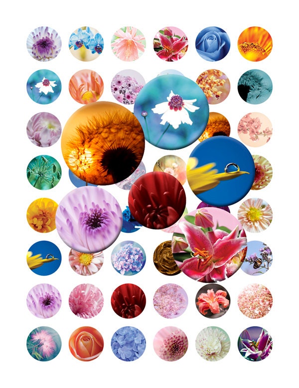 1 Inch Circle Collage Sheet Printable Images 48 Beautiful Flowers for jewelry scrapbooking magnets hair bows Pendants Magnets Bottlecaps