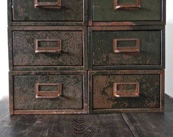 SALE // industrial steel green catalog drawers // stackable set of 6 