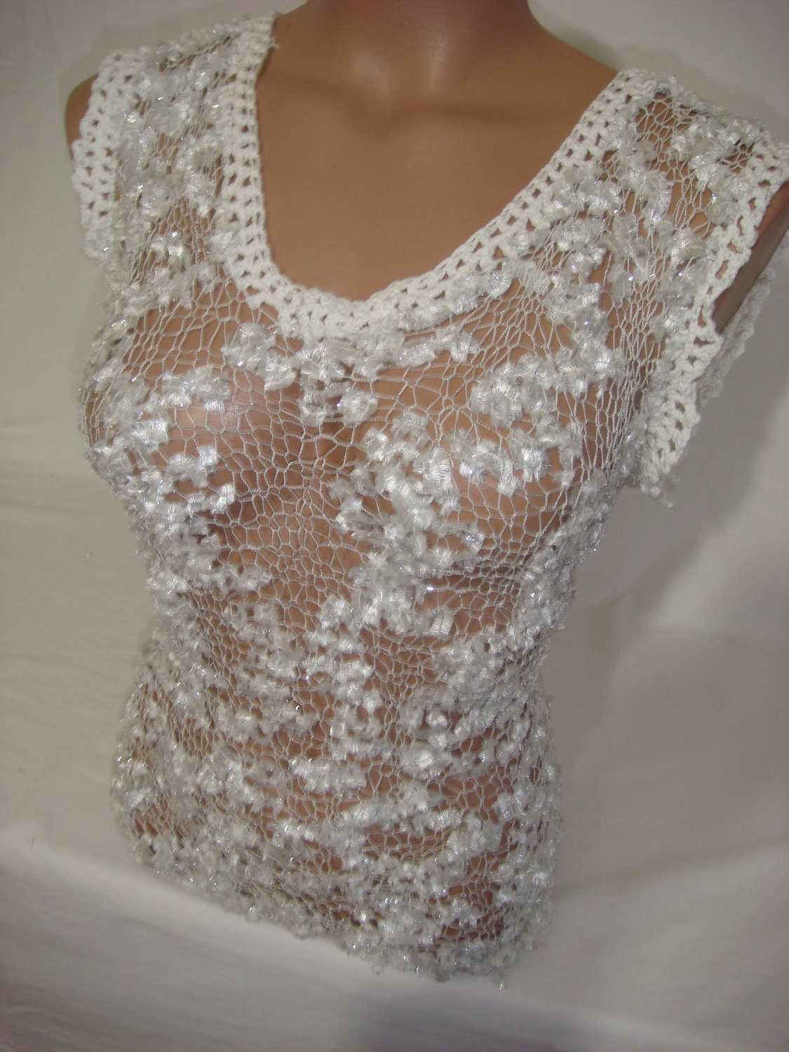 Knitted White Transparent Lacy Low Back Blouse Sweater Top by Arzu's Style