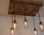 Mason Jar Chandelier - Mason Jar lighting - Upcycled Wood  - vintage Edison light bulbs