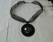 Black Silk Choker with Flower Enamel Pendant