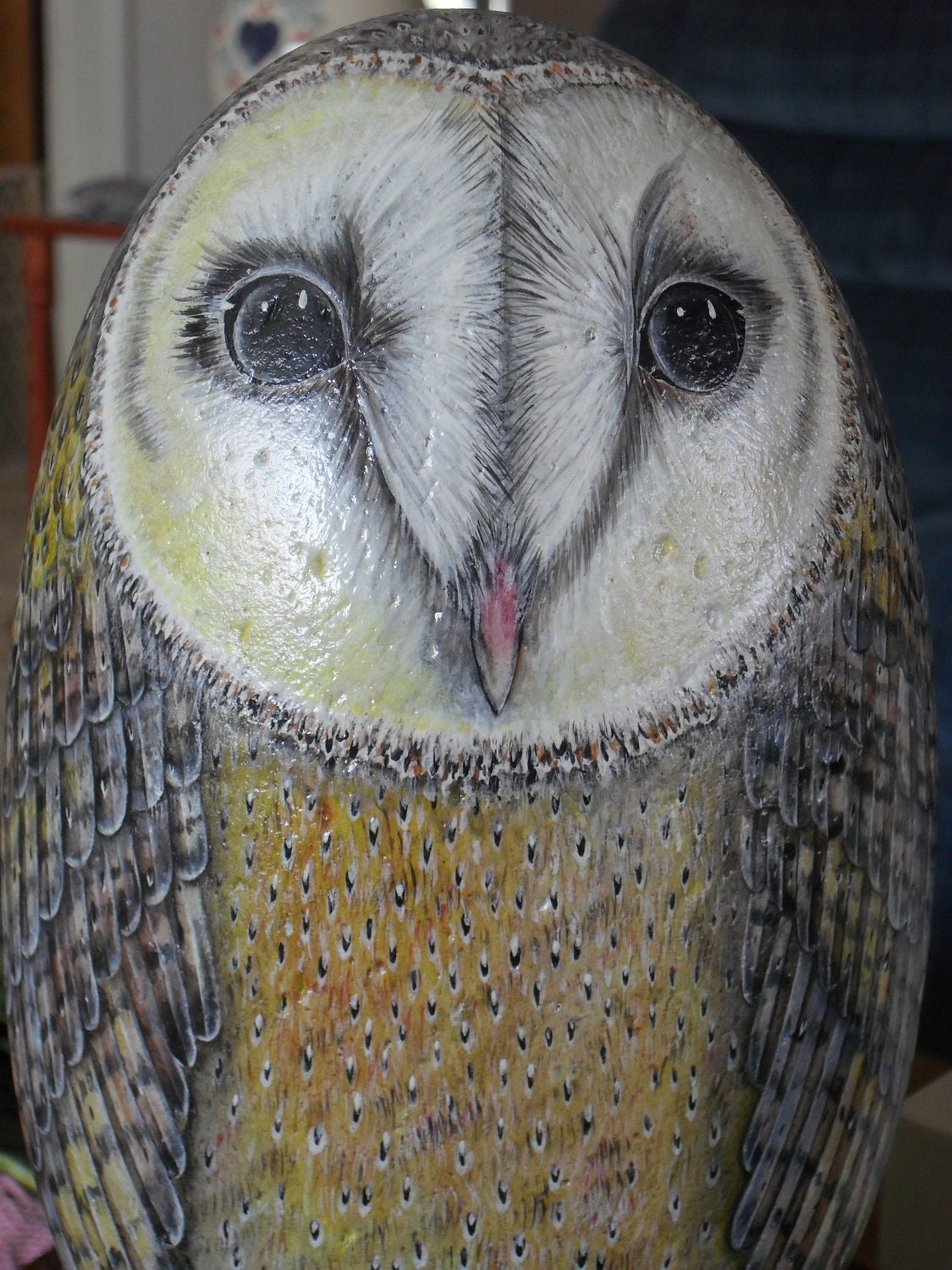 Barn Owl OOAK Rock Sculpture on White Cedar Wood