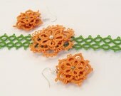 Tatting bracelet and earrings set in orange and green- Flower Lady in Orange - tatted lace bracelet and earrings set