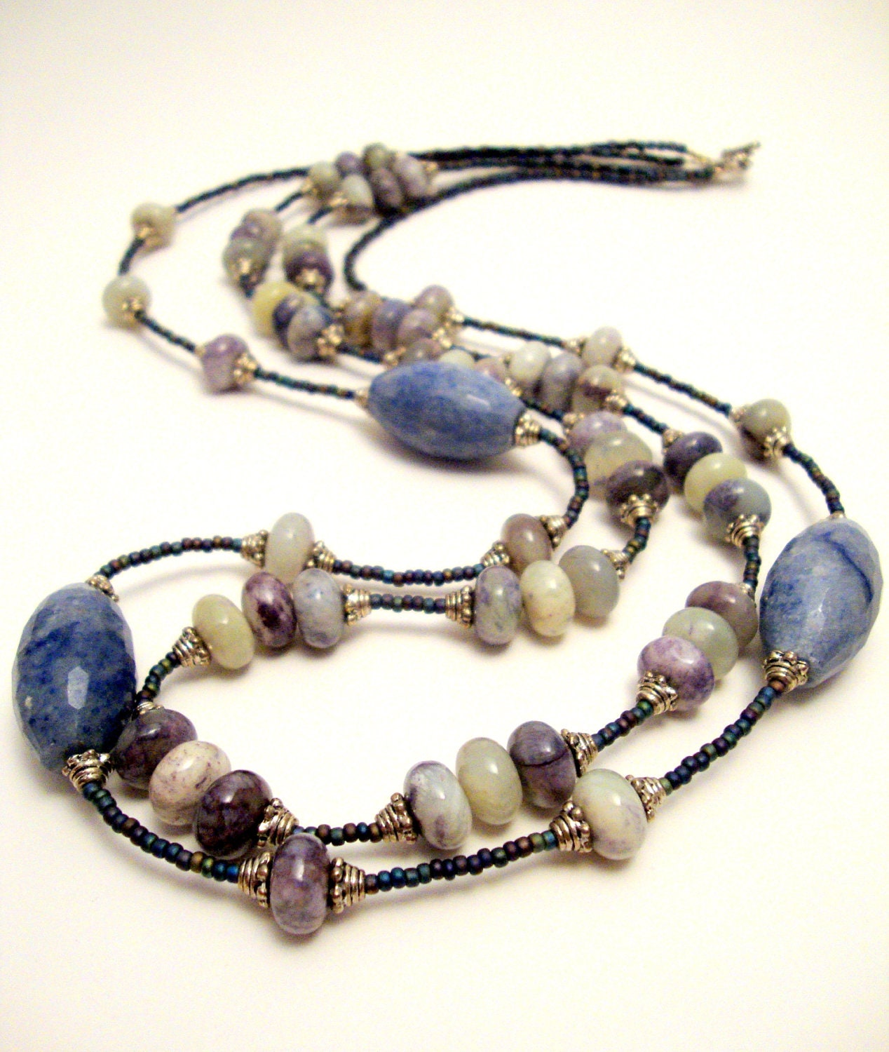 Blue Agate Gemstone Necklace, Long Statement Necklace, Aurora Borealis Seed Beads