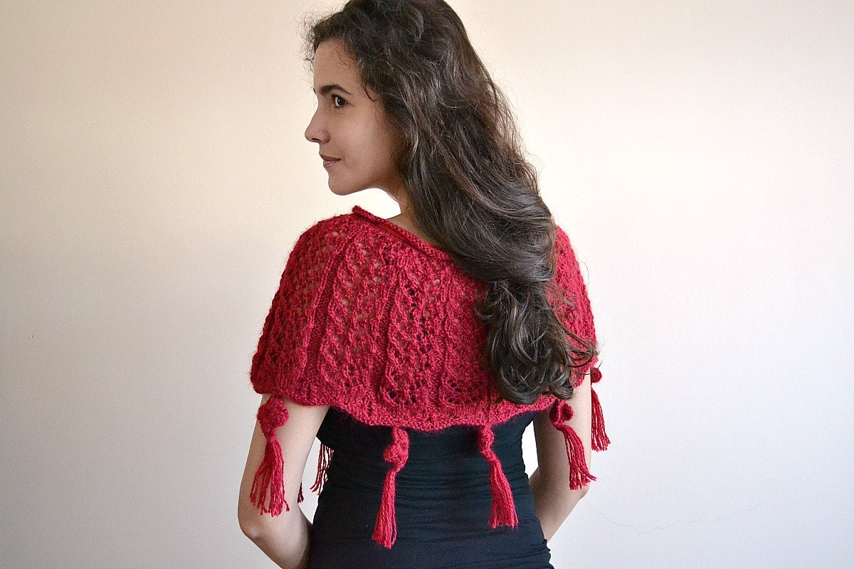 Little red riding hood - burgundy red cape caplet shrug infinity lace shawl knitted clothing sweater bolero Etsy UK gift