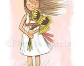 Children's Wall Art Print - Windy Sunflower Girl Illustration with antique Pink background - Girl's room decor
