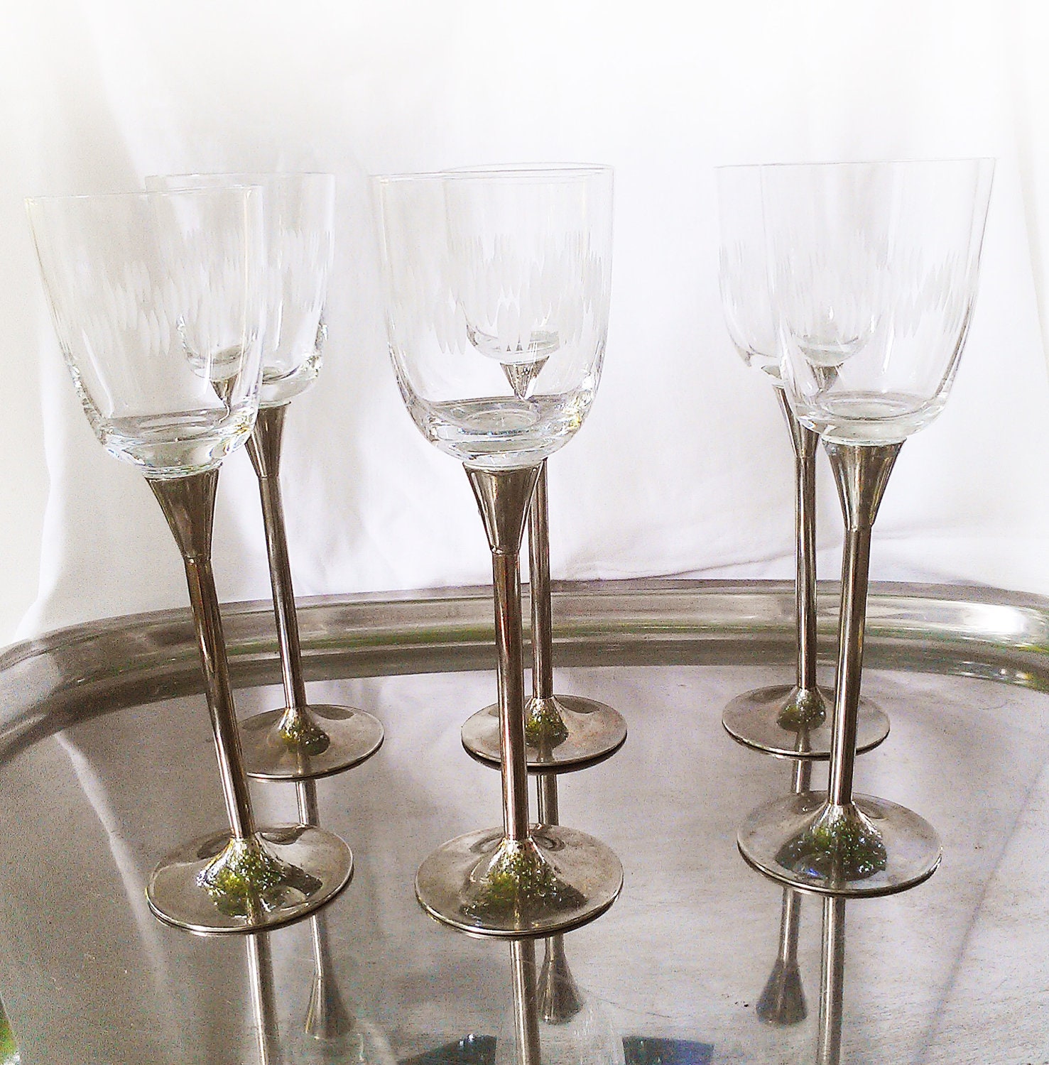 antique crystal glass liquor shot glasses vintage etched silverware metal set of 6 Mad Men barware