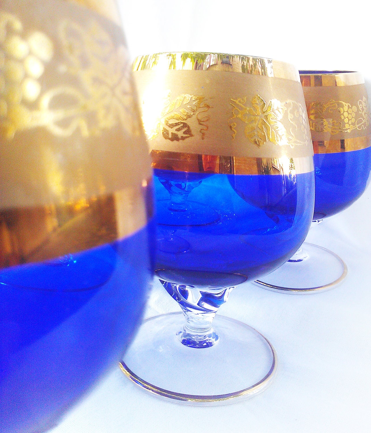 blue gold whiskey glasses vintage liquor set of 6 crystal glass, gold monaco blue, Mad Men gift