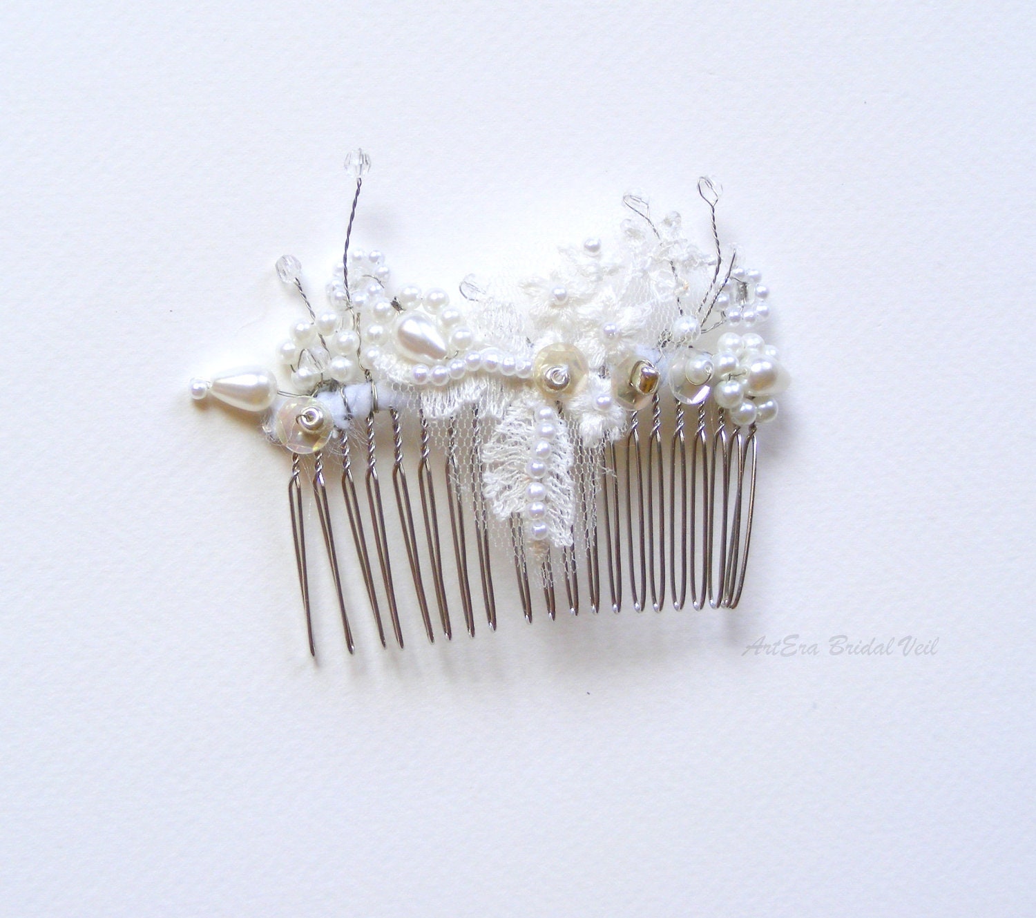 Bridal veil comb, hair ornament, wedding head piece, white beads, ivory lace, crystals