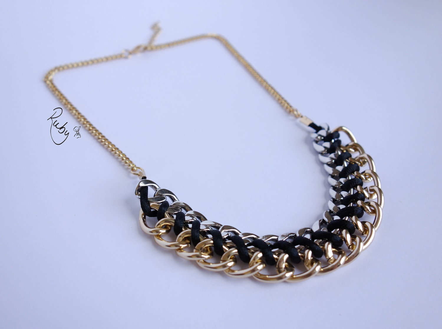 Chunky Statement necklace - Black satin cord braided gold and silver double chain