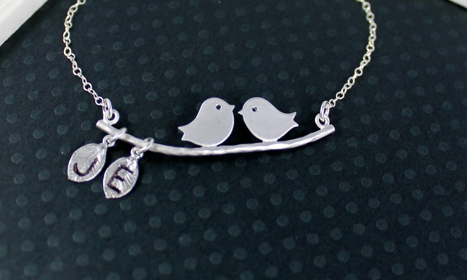 Love Birds Bracelet - Personalized Hand Stamped Initials Pendant with Leaves and Sterling Silver Chain Branch Bracelet