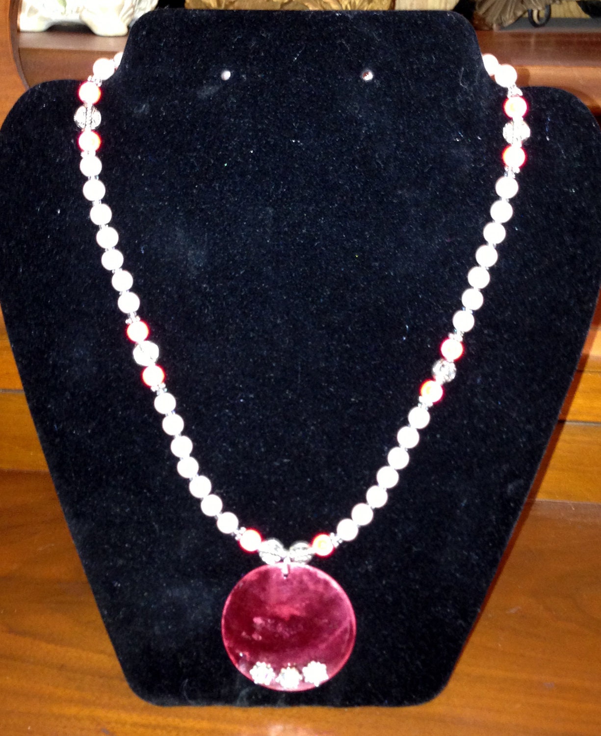 Translucent Red Shell/Crystal Pendant on Faux White and Red Glass Bead Necklace