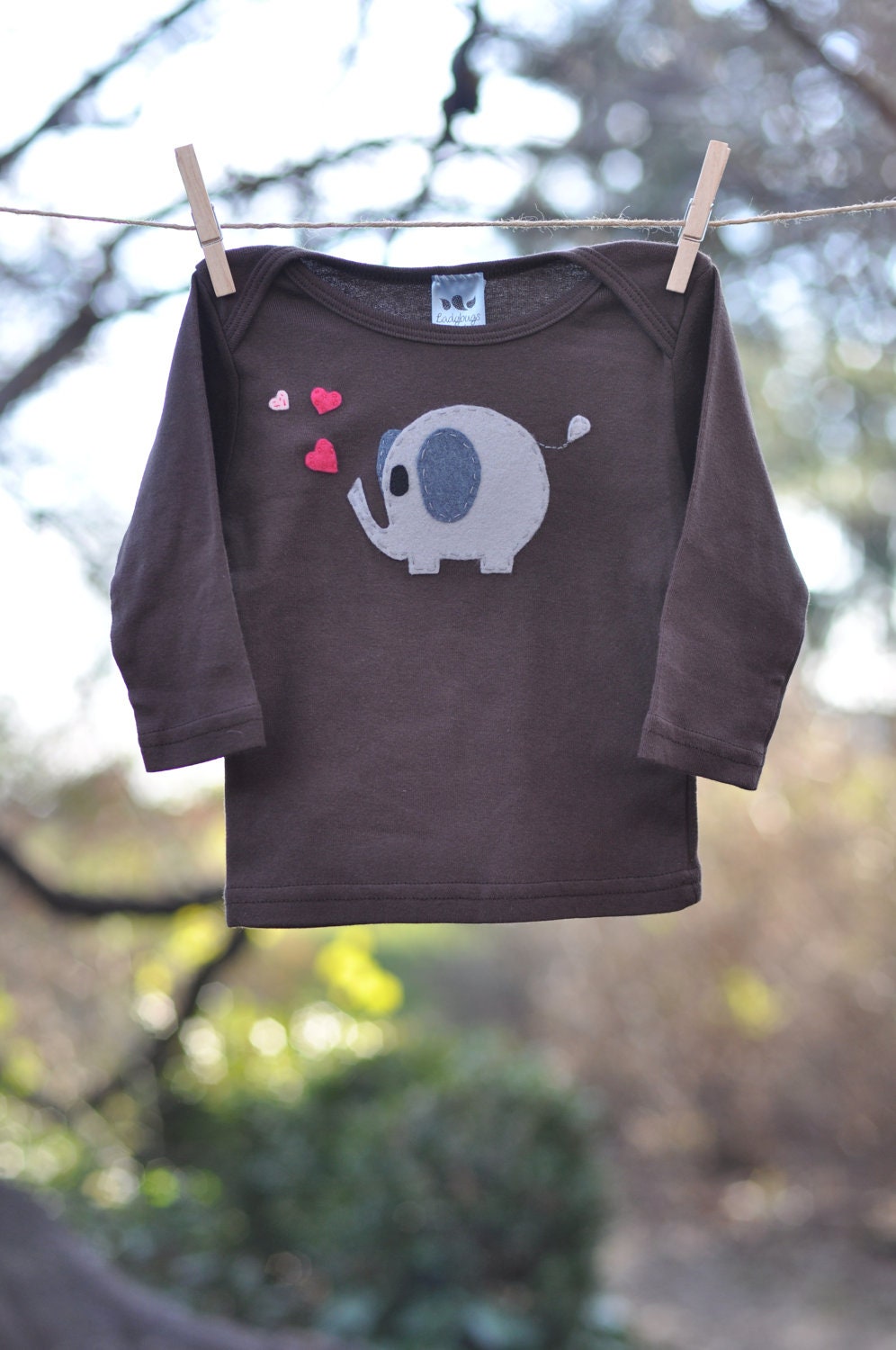 Elephant Brown Baby T-shirt - American Apparel - Felt Elephant with Pink Hearts Appliqué - Girl or Toddler - personalized