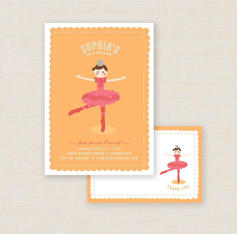 Ballerina Invitation & thank you card, Printable Party Pack for 1st 2nd 3rd 4th 5th birthday - pink, yellow or blue - pdf