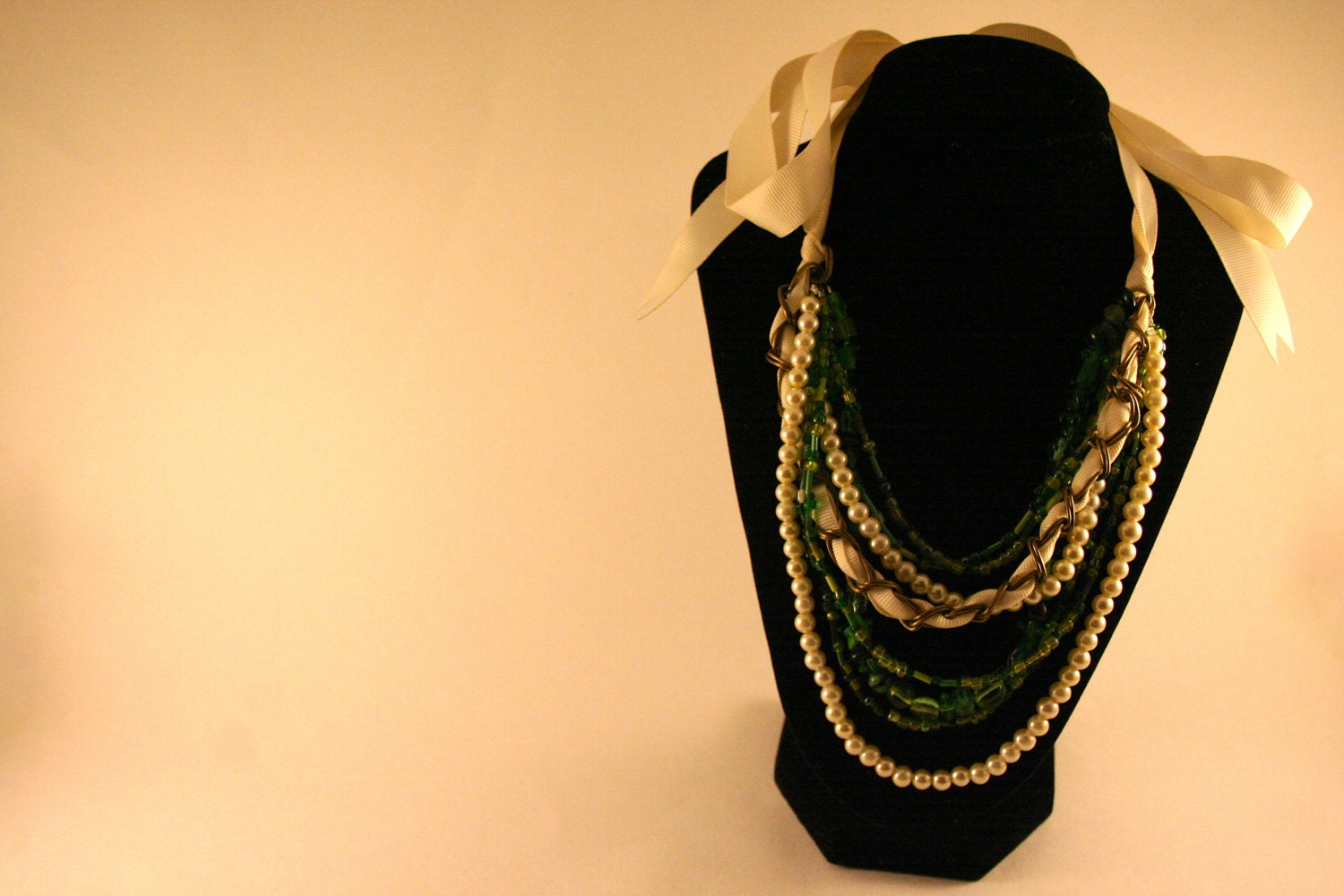 Green and Pearl Ribbon Tied Necklace - Boden Inspired - ABerryCrafts