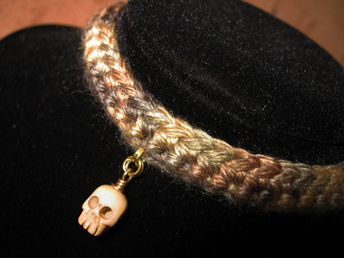 Crochet Multi Brown Choker with Carved Bone Tibetan Prayer Skull Bead, Crochet Necklace, Knit Necklace, Knit Choker