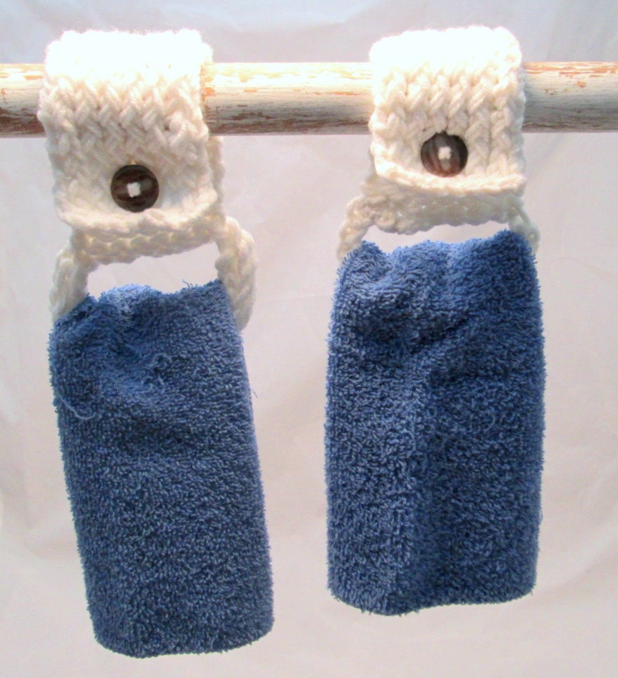 Two Handmade White Kitchen Bath Dish Towel Holders Knit Set of 2