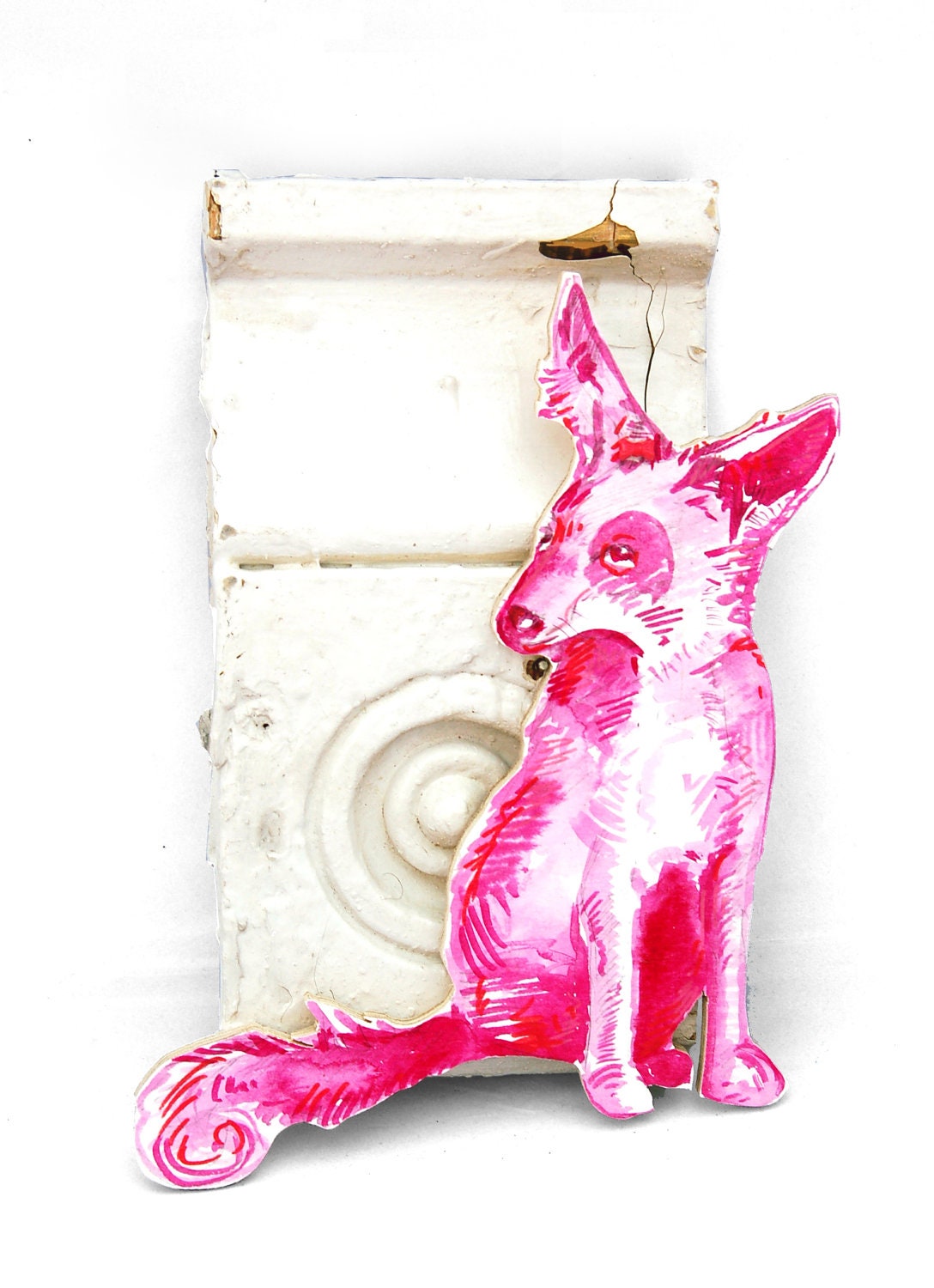 Original Pink Fox Watercolor Wood Art Sculptural Painting made from Reclaimed Wood with a tiny pink bow