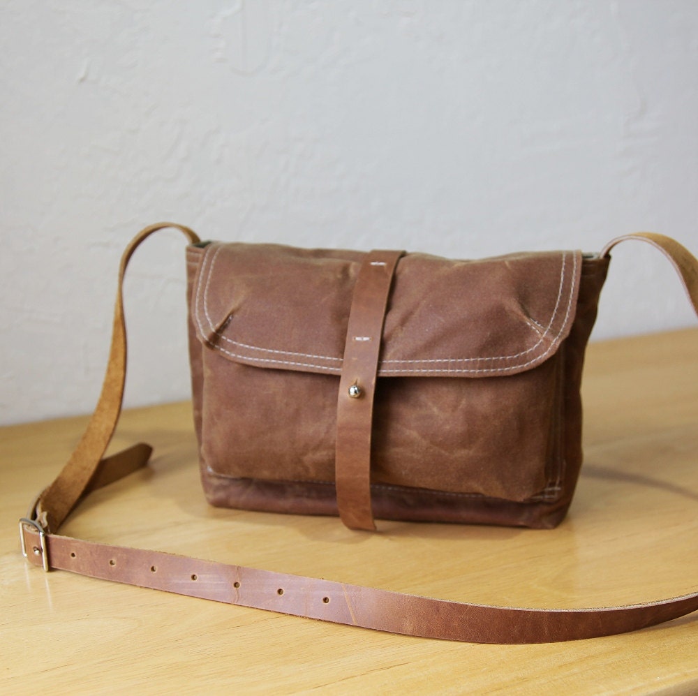 Waxed Canvas and Leather Satchel // Saddle Brown // Weather Resistant // Organic Cotton Canvas Lining