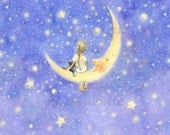 Fairy on the Moon, print, Periwinkle Sky, art, 8 X 10, room decor