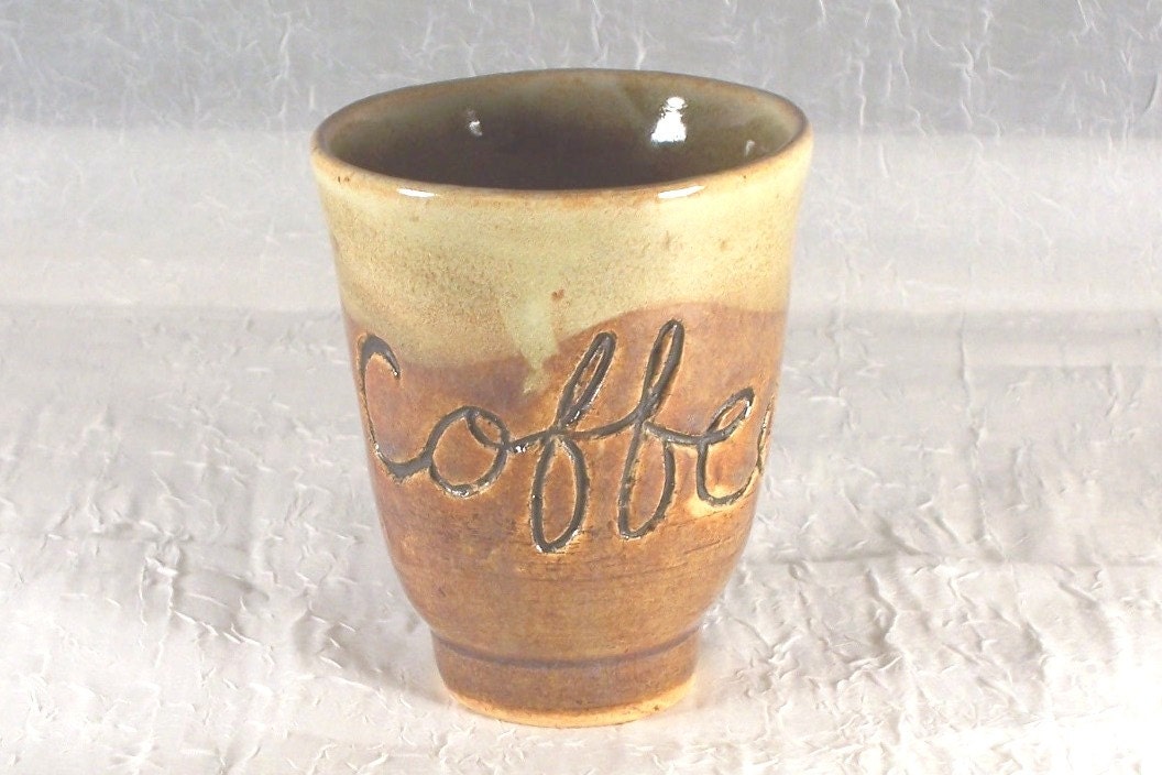Ceramic Tumbler -  Cup Mug Novelty COFFEE, NOW Brown Cream Handmade Wheel Thrown  Stoneware Ceramics  Pottery