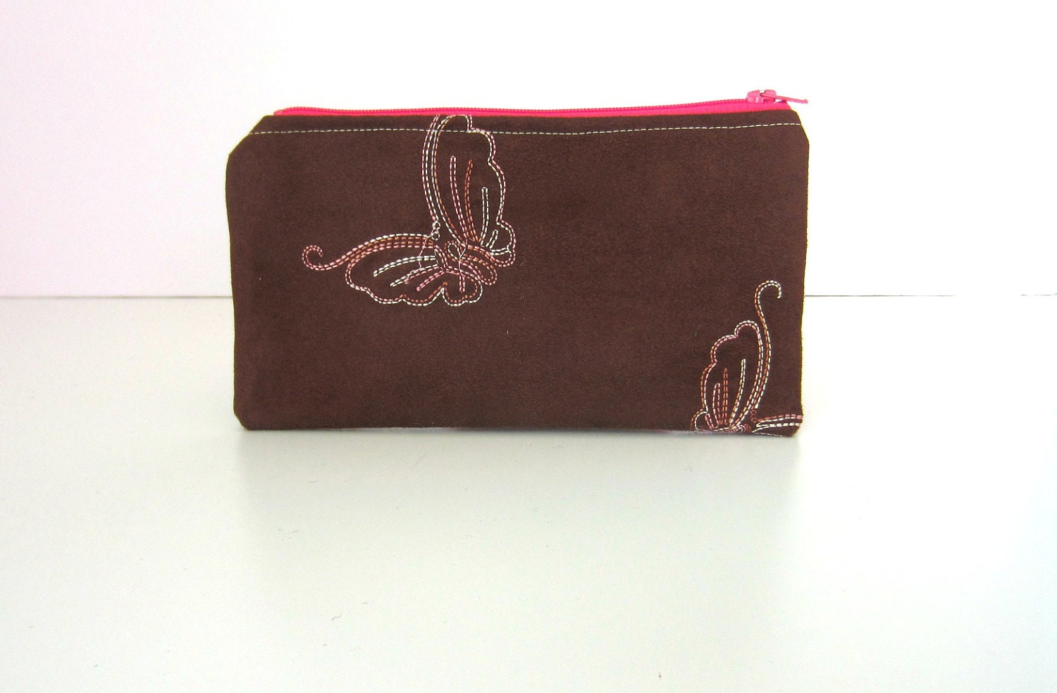 Leather Clutch Brown, Embroidered Butterflies, iPhone 5 Wallet, Vegan Suede Bag