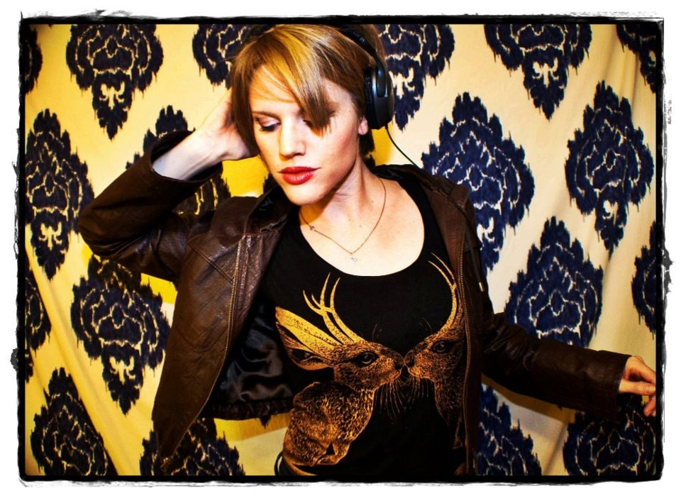 Kissing Jackalope tshirt - eco friendly metallic ink screenprint on sheer black cotton scoop neck - womens sizes S, M, L, XL