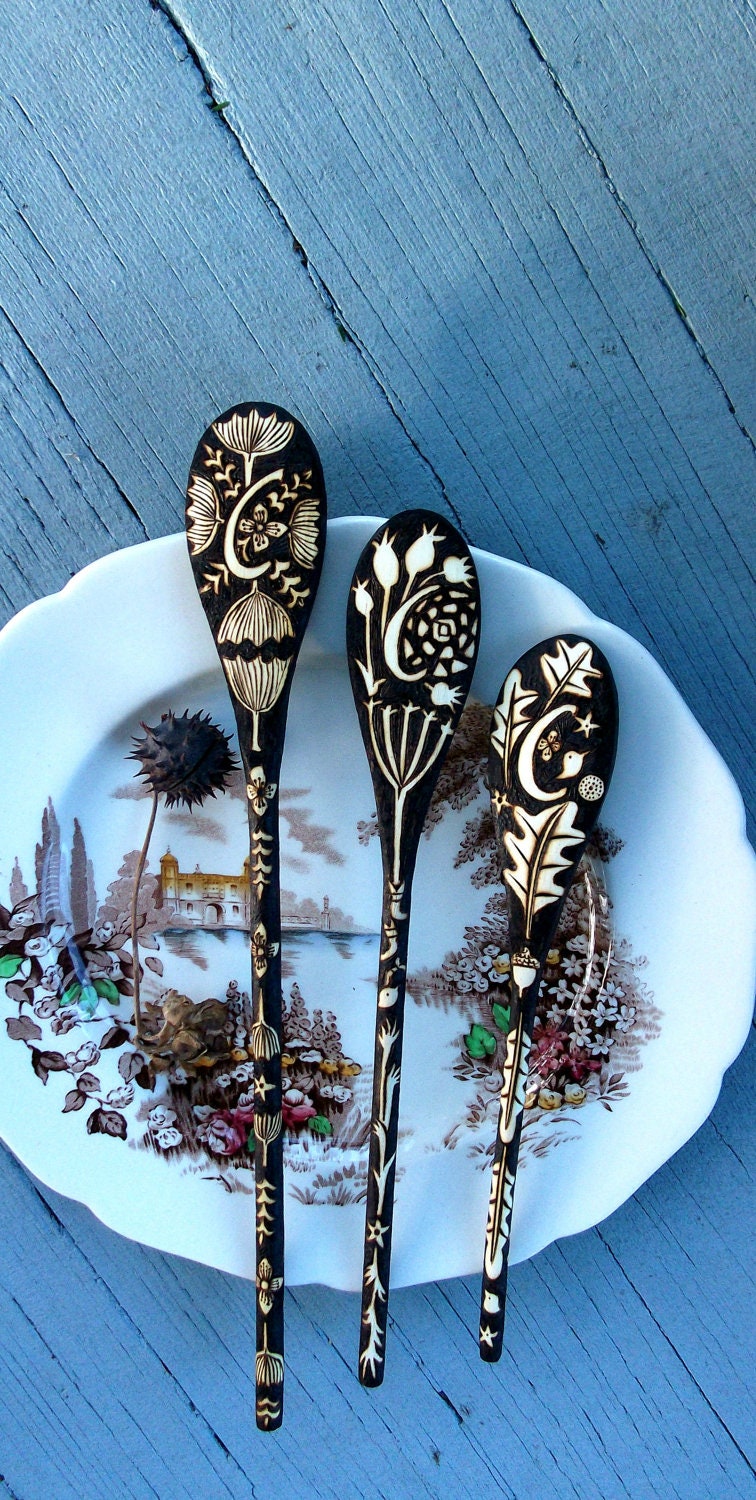 3 custom monogrammed spoons-leaf- seedpod-ginko-oak-queen anne design, ooak , woodburning personalized