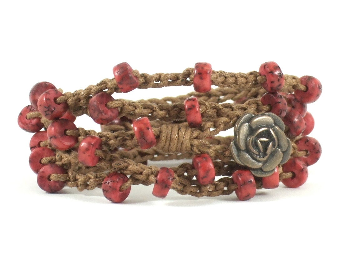 Caramel Brown and Red Betel Nut Bead Quintuple Wrap / 5x Multi Wrap Crocheted Bracelet, Antique Brass Rose Button