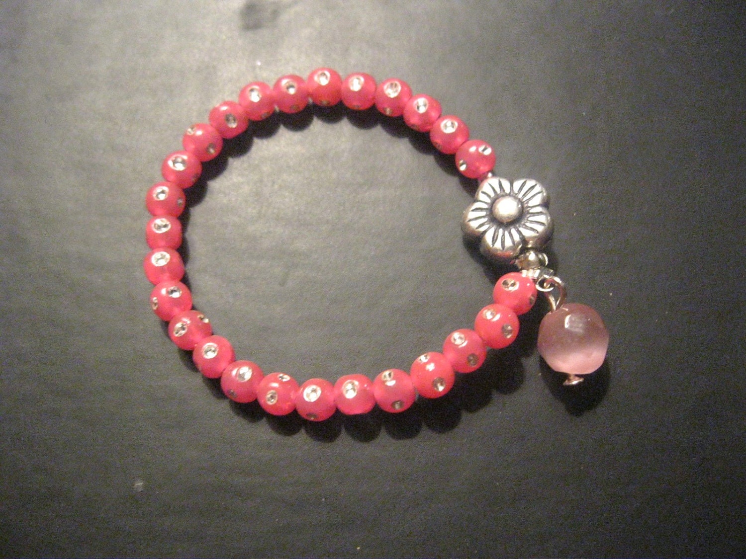 Adorable pink little girls bracelet with flower bead and cats eye pink bead FREE SHIPPING