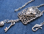 Vintage Repurposed Silver Shoeclip Pendant -  Crystals, Heart and Key, Long Chain