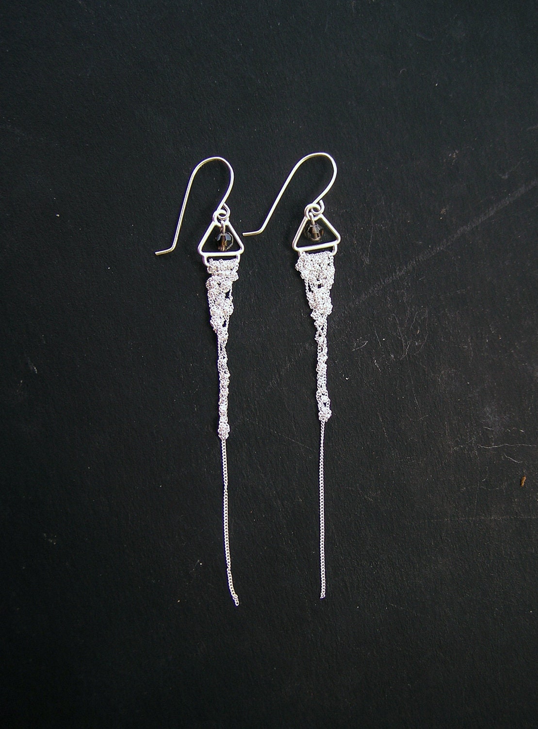 white pyramid smokey quartz silver crocheted dangle earrings