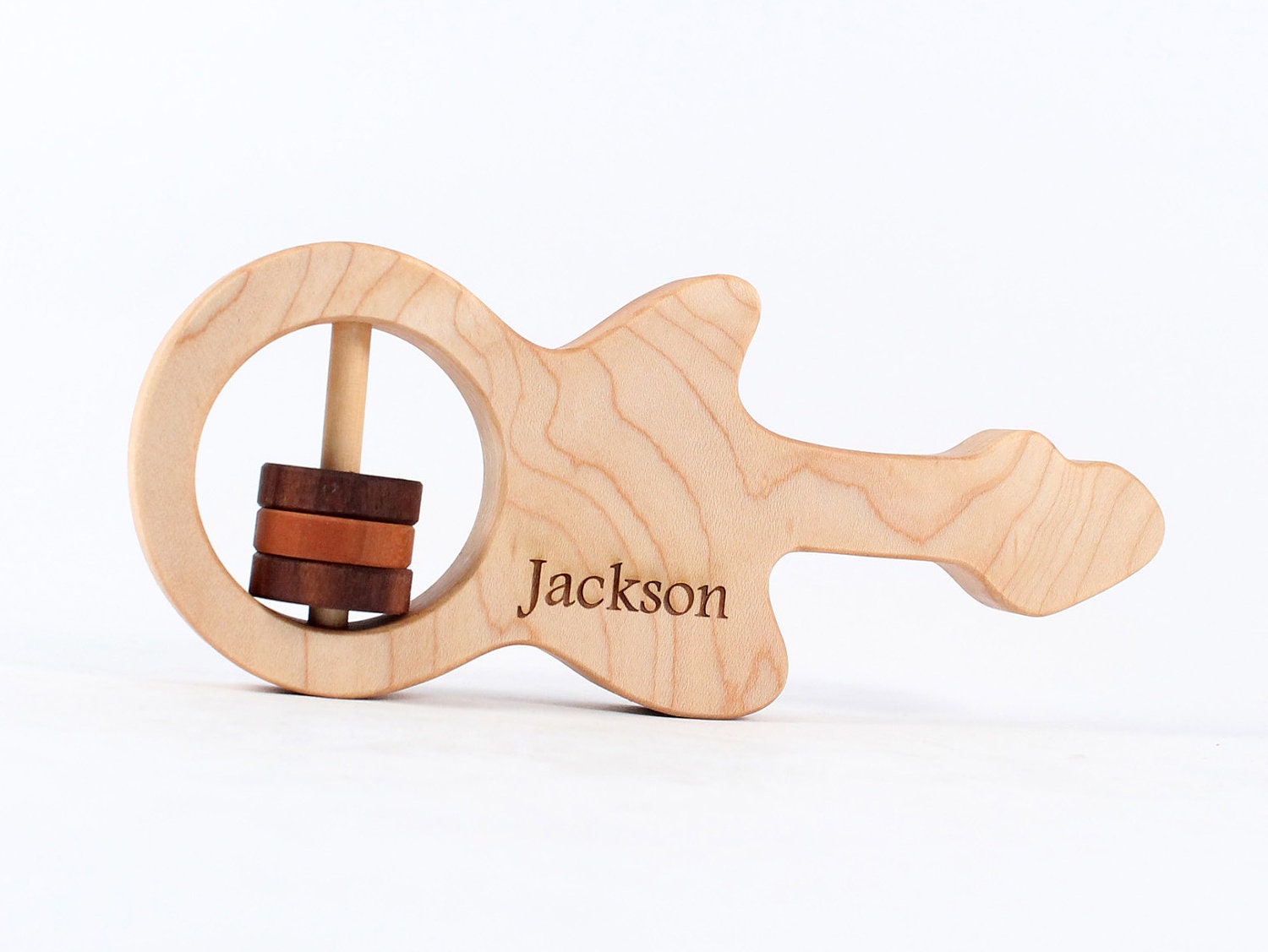 personalized guitar RING RATTLE - an all natural custom baby gift, modern heirloom toy for eco-baby, homegrown organic finish