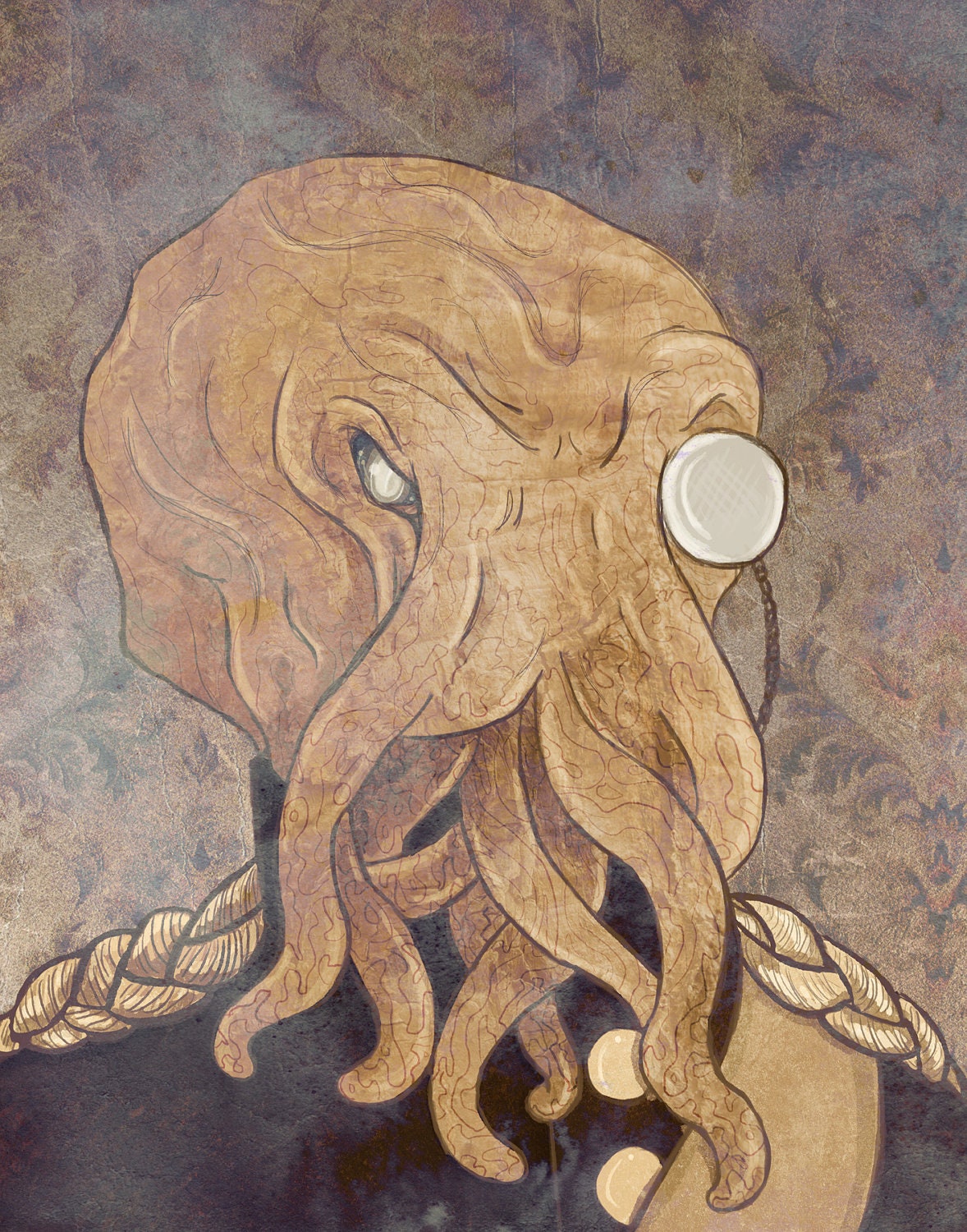 8x10" Digital Illustration Print // Major Cthulhu // Victorian Steampunk Lovecraft HP Portrait Sepia Signed and Matted