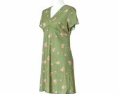 60s Vintage Dress Green Floral Print Empire Waist Medium