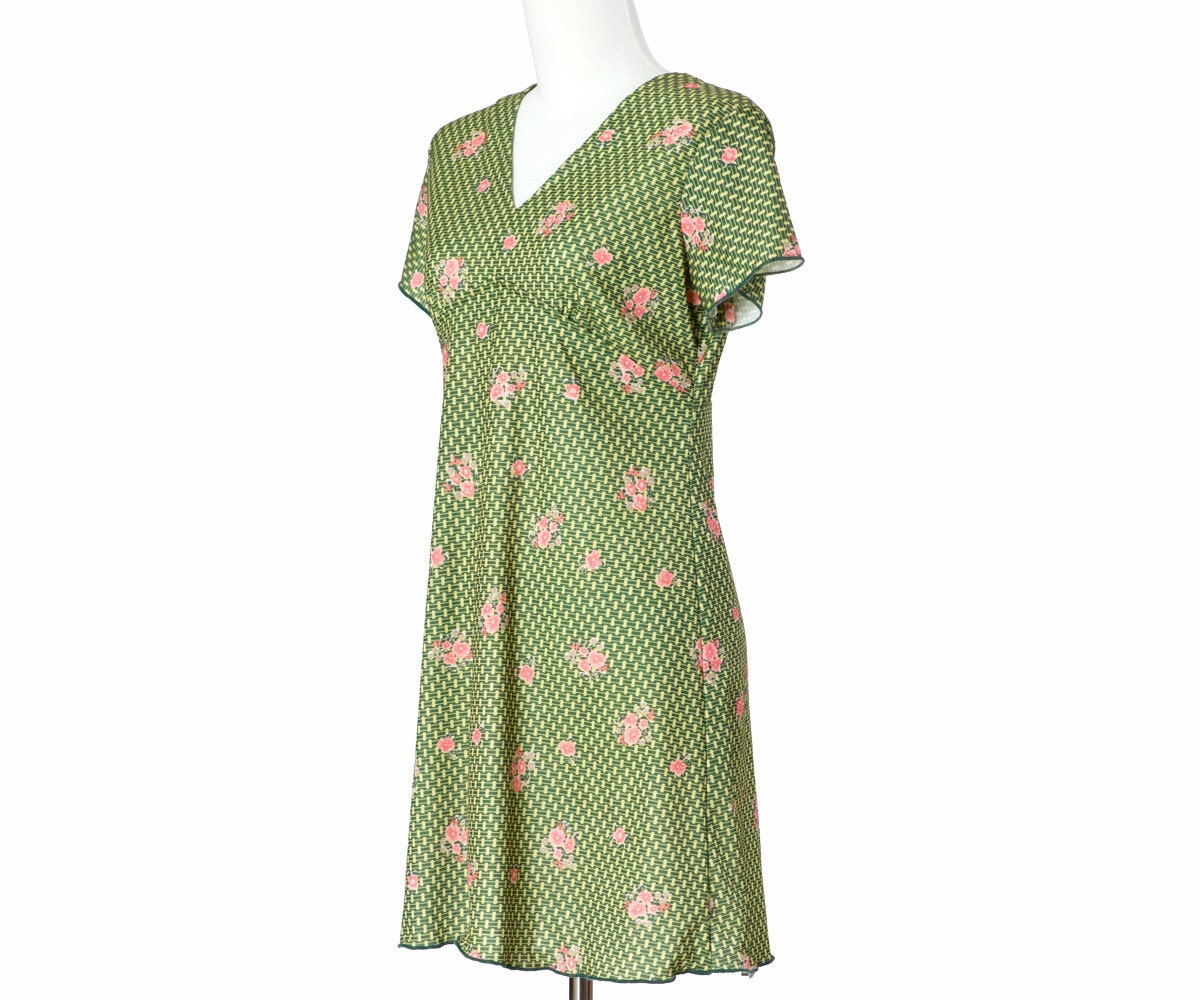 60s Vintage Dress Green Floral Print Empire Waist Medium