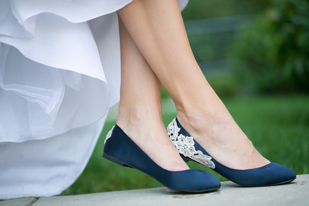 Wedding Flats - Navy Blue Bridal Ballet Flats/Wedding Shoes with Ivory Lace. US Size 6