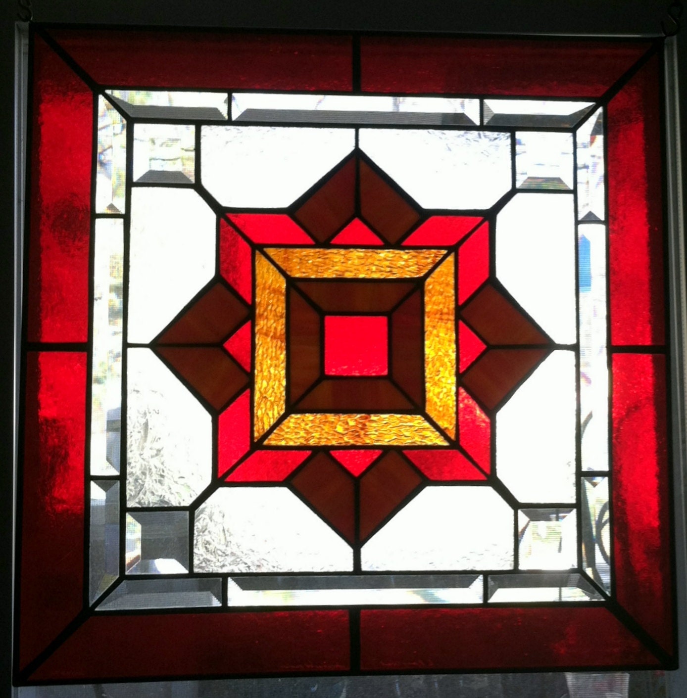 stained glass window panel-intermingle passion red and orange-geometric design-home decor and special gift