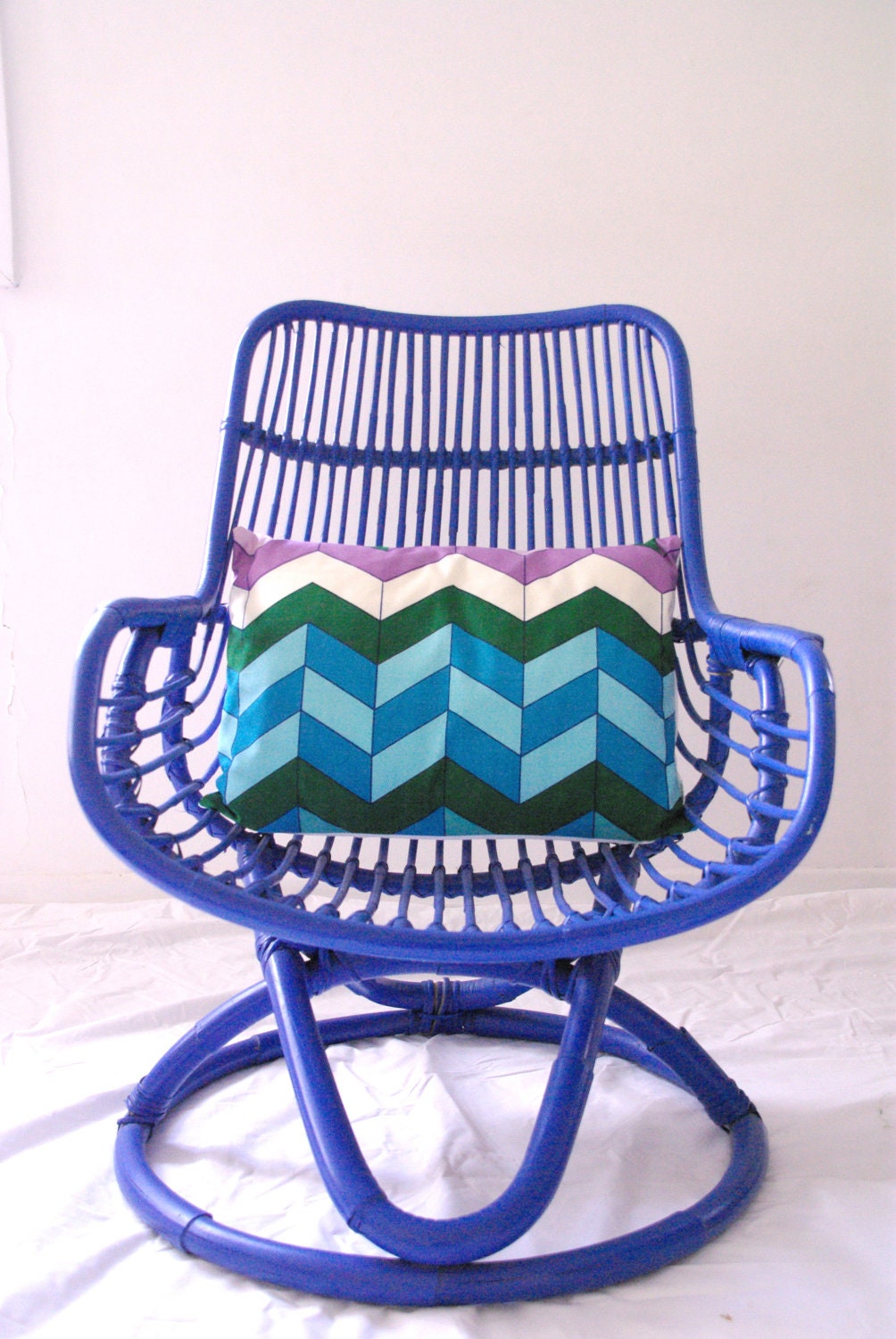 Made to Order - BELLADONNA - Electric Blue Cane Vintage Chair with Vintage Chevron Cushion