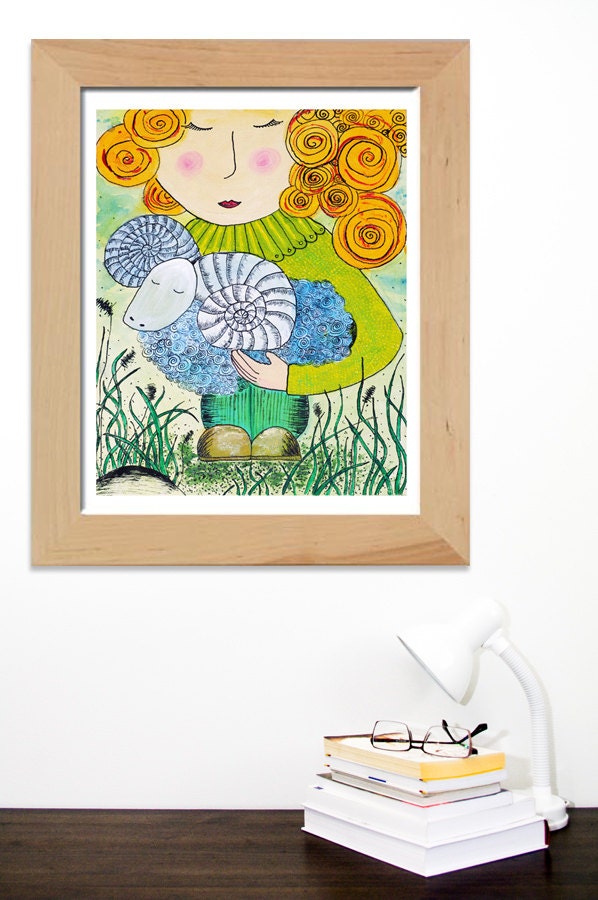 Painting Print for Nursery room - Animal art illustration - Sheep and Girl Art print - Children room Wall art 14x12 sheep illustration