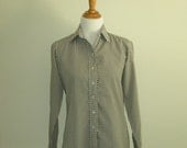 Vintage Black Gingham Nylon Button Up Blouse 1970 Large