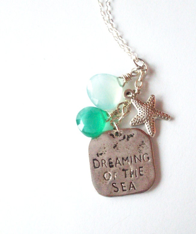 Dreaming of the Sea - Mermaid Charm Necklace - Mermaid Necklace - Starfish Necklace Seafoam Mint Green Chalcedony Necklace  Whimsical Dreamy
