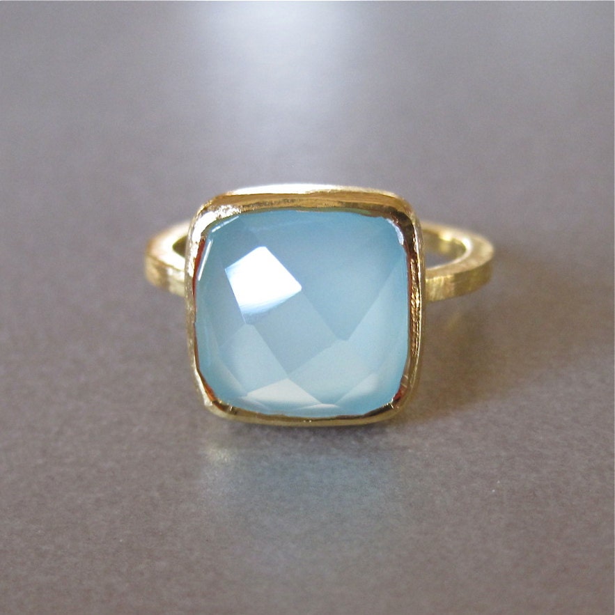 Square Aqua Chalcedony Gold Ring