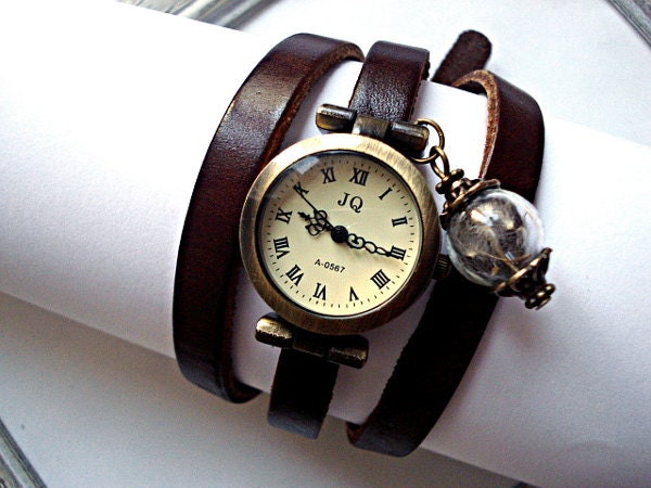 Wrap Watch with Real Dandelion - working bronze wrist watch, genuine leather with real dandelion seeds in glass orb charm