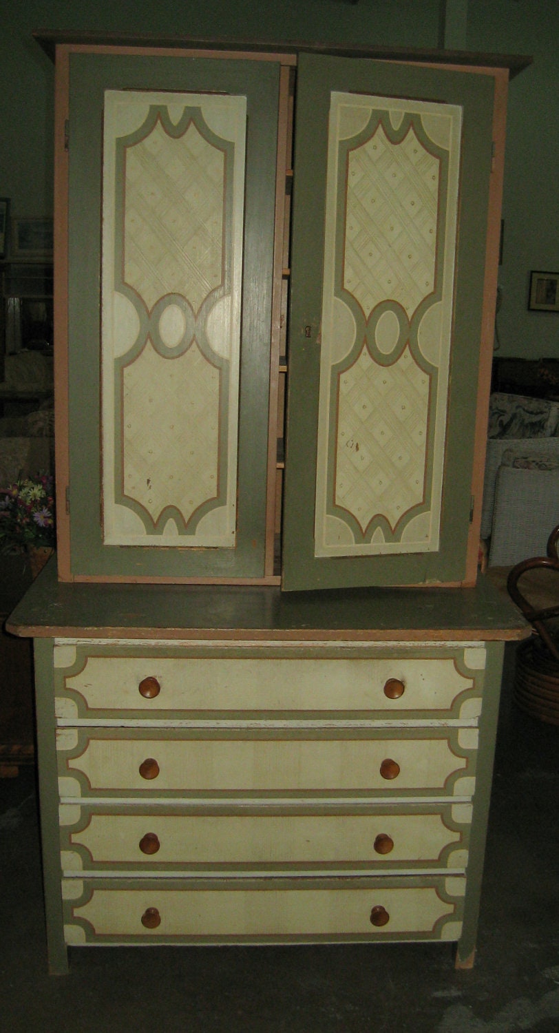 Vintage tole painted shabby chippy paint storage chest and cabinet combination